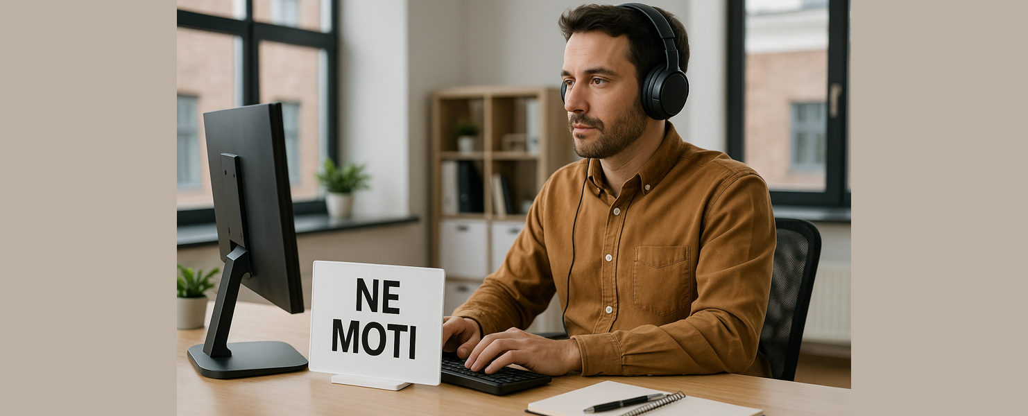 Moški sedi za delovno mizo s slušalkami na glavi, poleg njega je napis ne moti